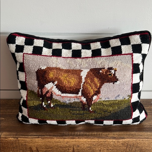 Two’s Company Inc. Checkered Cow Needlepoint Pillow - Picture 1 of 3